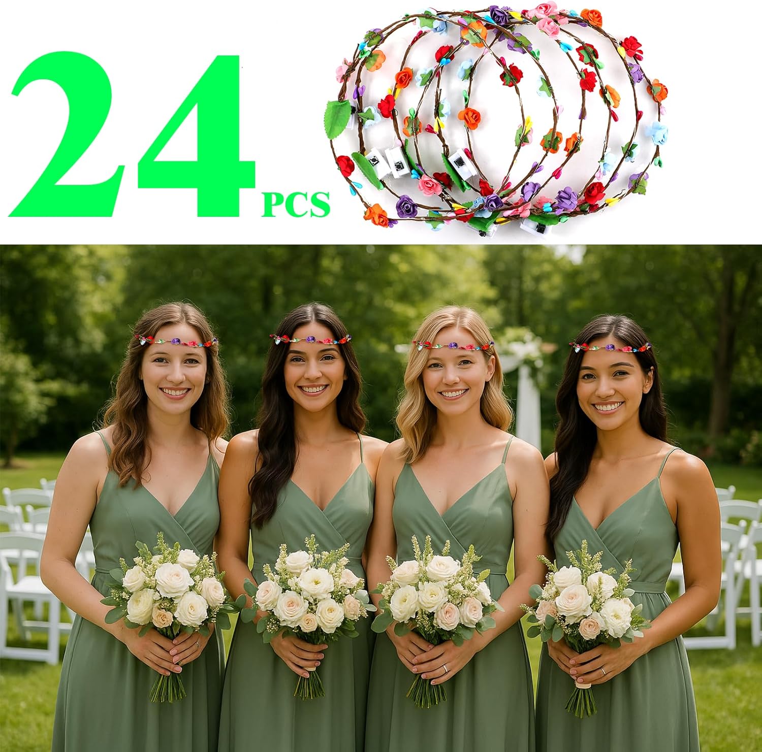 Thumbnail 1 de Couronne de fleurs LED avec chaînes de lanterne lumineuses – Bijou de cheveux multicolore