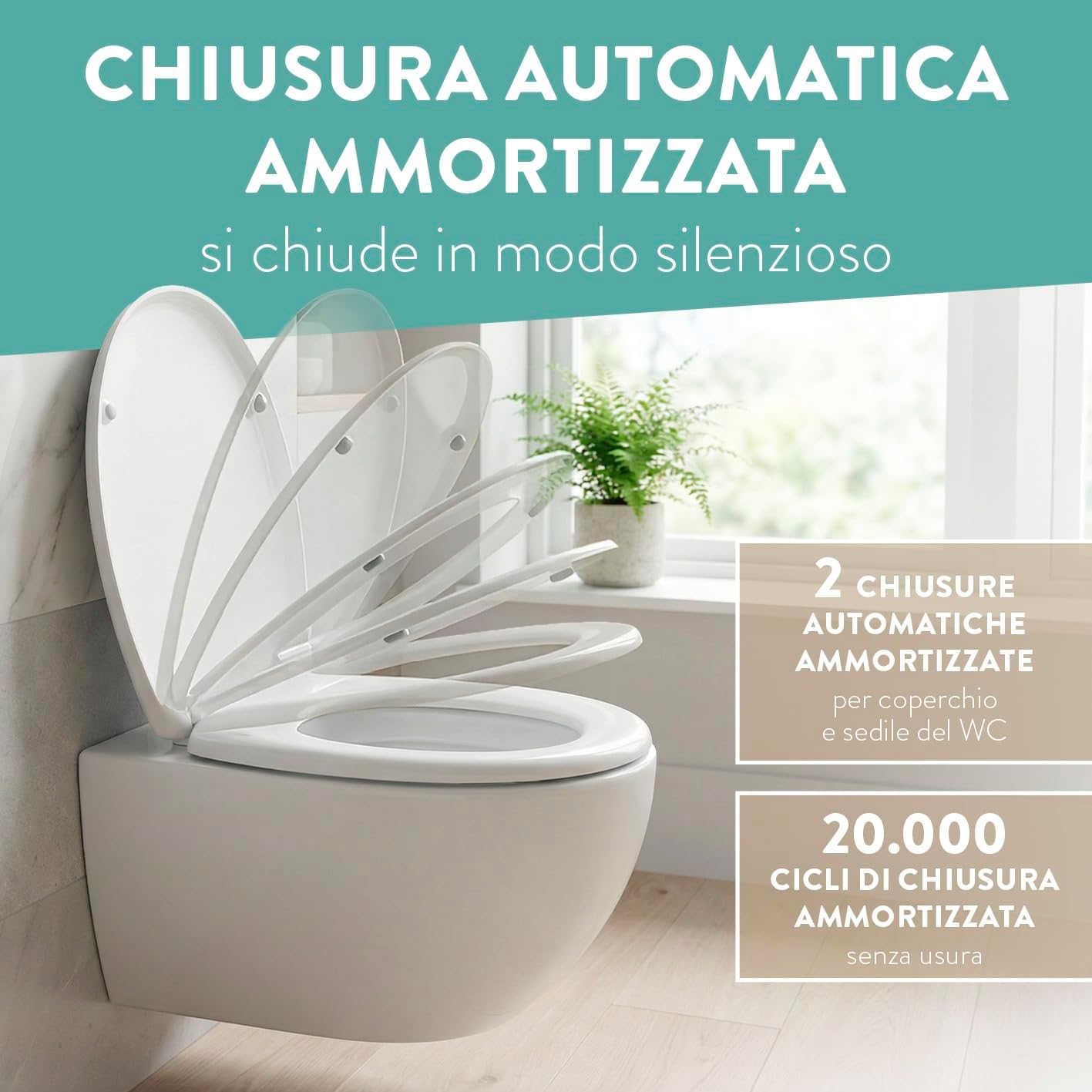 Detalle de Benkstein Sidele WC Copriwater Tavoletta Water: antibatterico, sgancio rapido e chiusura ammortizzata
