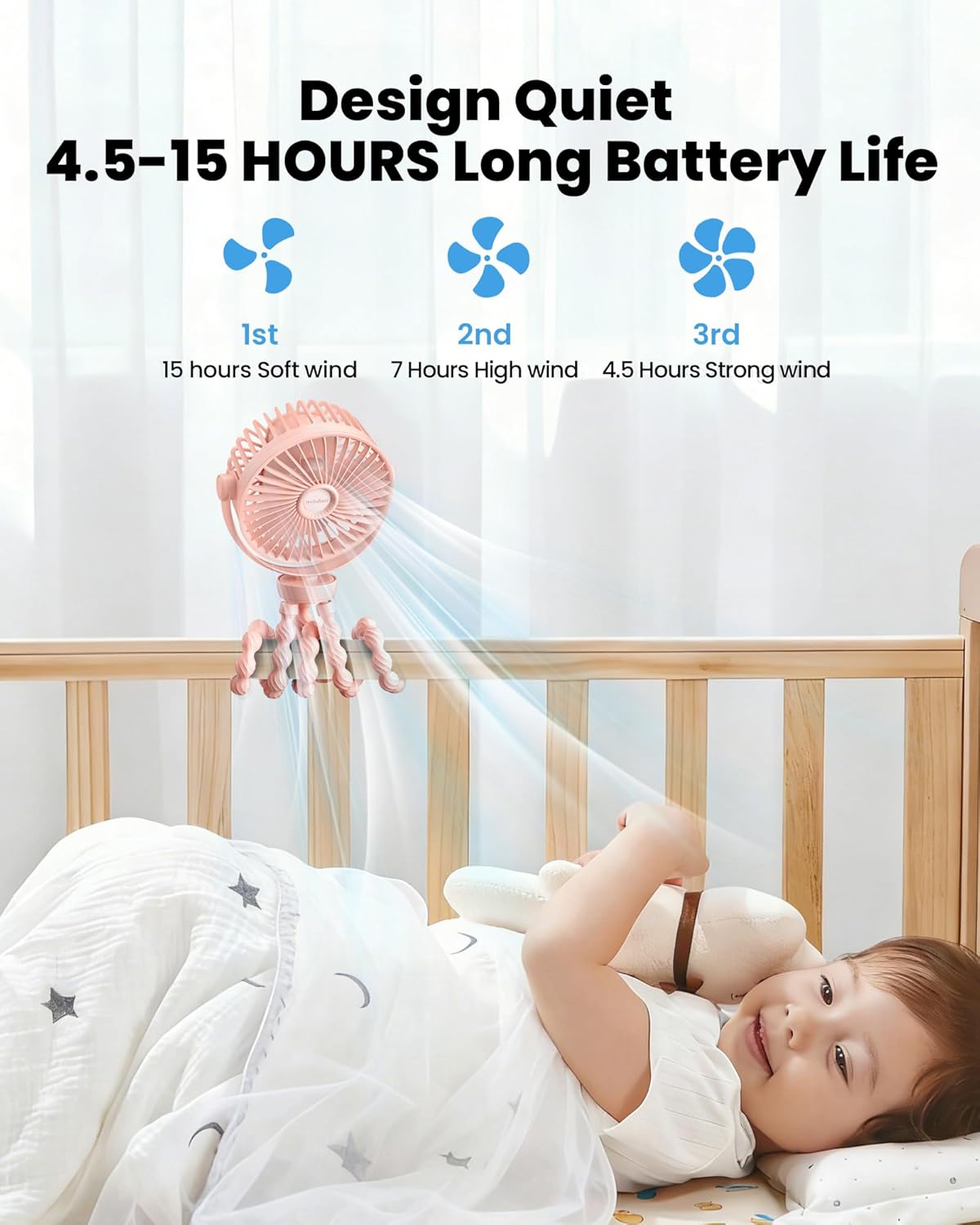 Detalle de Portable Pram Fan with 360° Rotation and 2000mAh Battery — Clip-On Stroller Fan