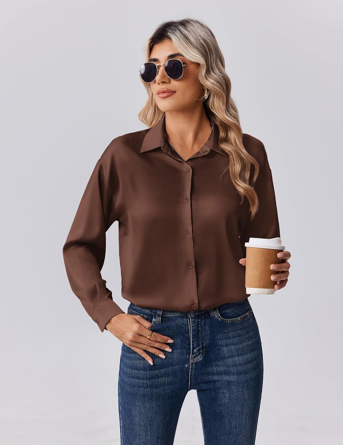 Detalle de Zeagoo Satin Button Down Blouse 1pc