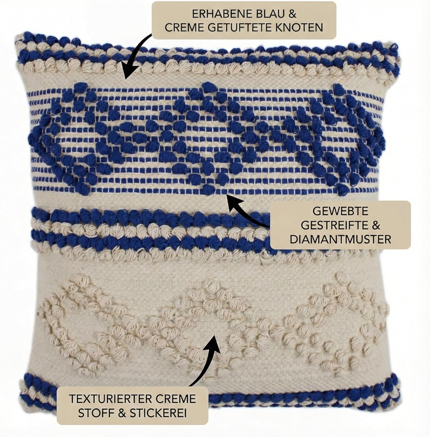 Thumbnail 3 de TreeWool Baumwoll-Kissenbezug im Boho-Stil (45 x 45 cm) – Königsblau & Naturcreme, 1 Stück, ohne Füllung