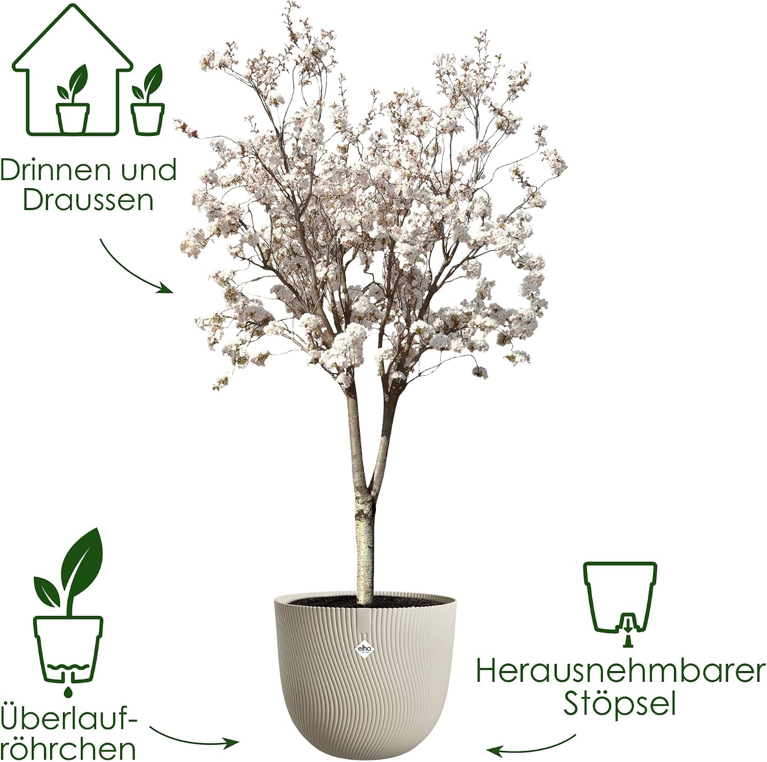 Detalle 2 de elho Sereh Rund 47 – Blumentopf für Innen und Außen, 100% recyceltes Plastik, Ø 47 cm x H 40,1 cm