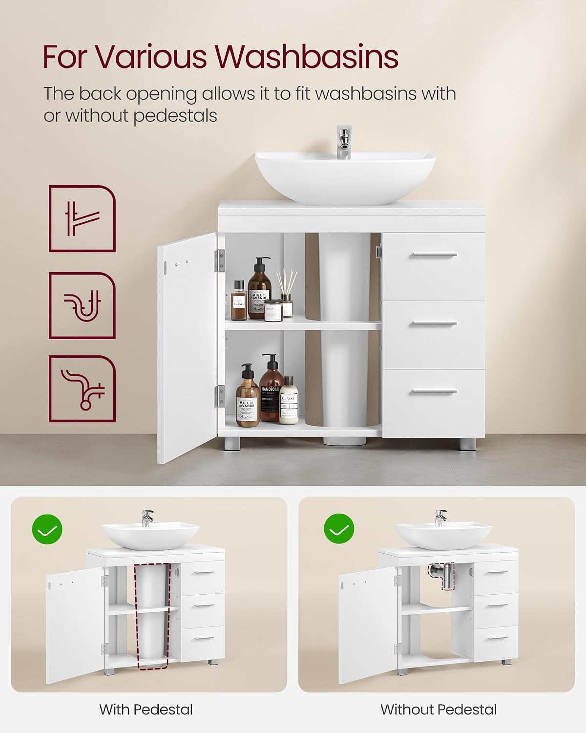 Detalle de VASAGLE under sink cabinet with 3 drawers