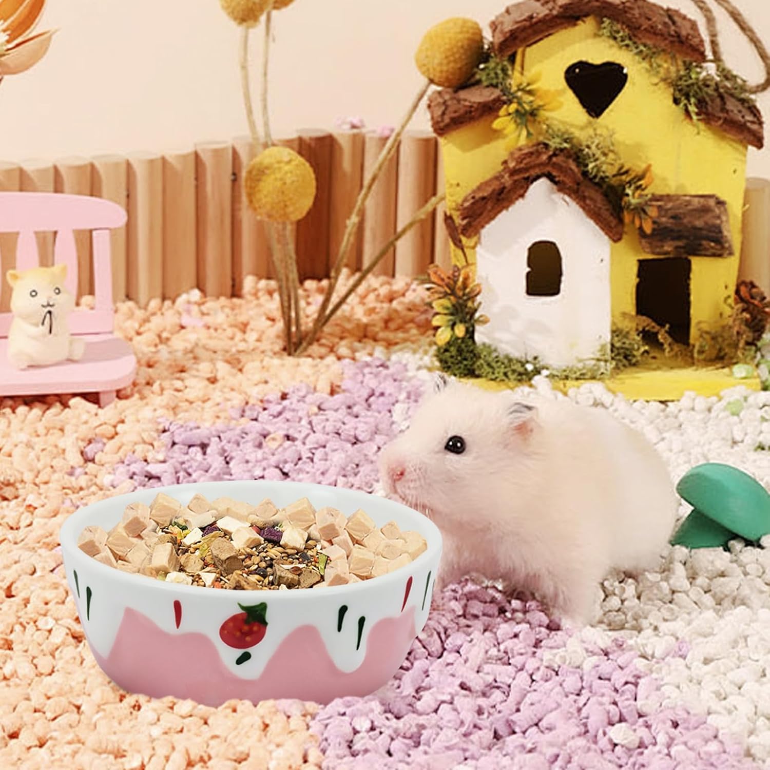 Thumbnail 5 de LuckyOpt round ceramic hamster bowl (blue) with strawberry pattern – anti-tipping, easy-clean food & water dish