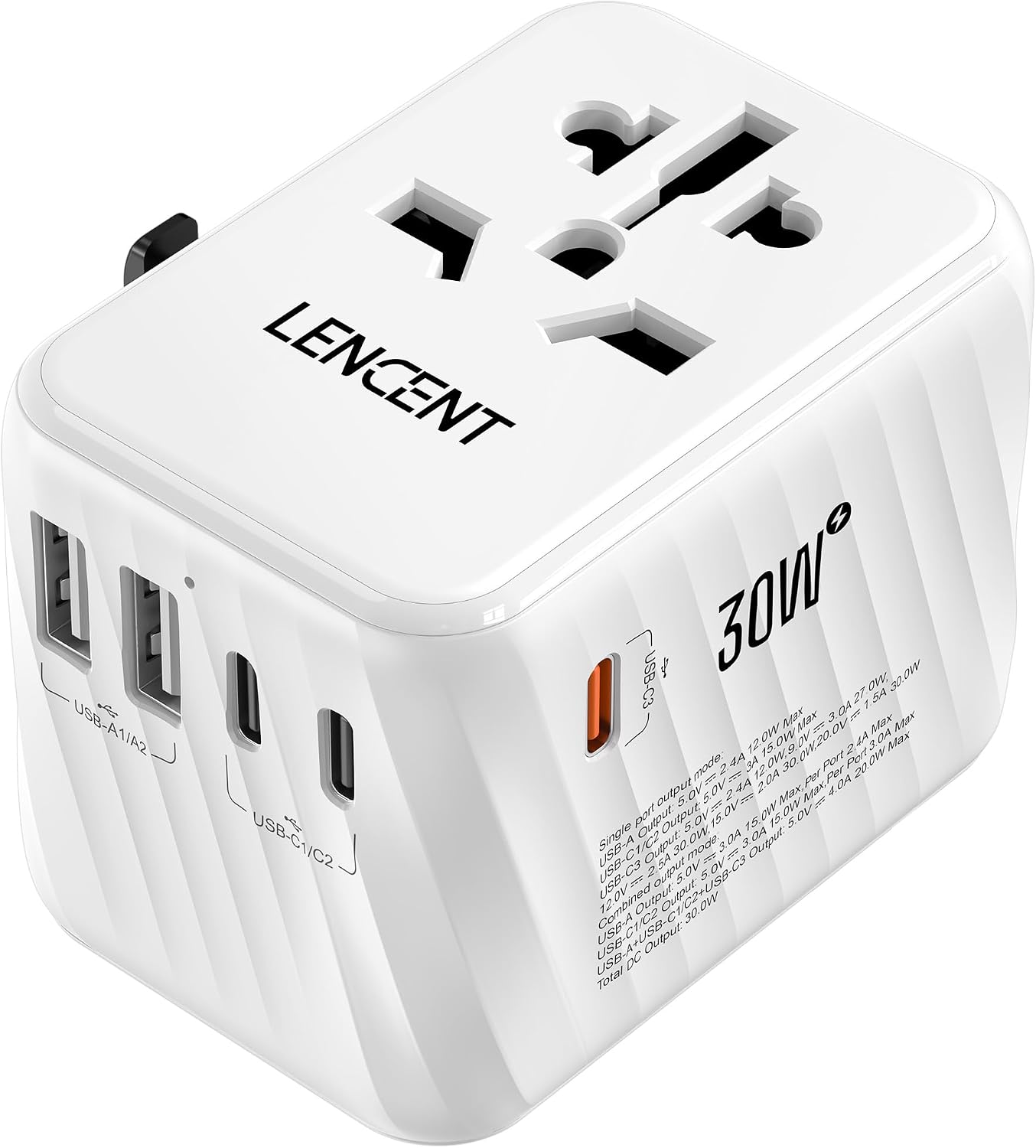 Detalle de LENCENT Adaptateur de Voyage Universelle – Prise 6-en-1 30W avec 3 USB-C et 2 USB-A