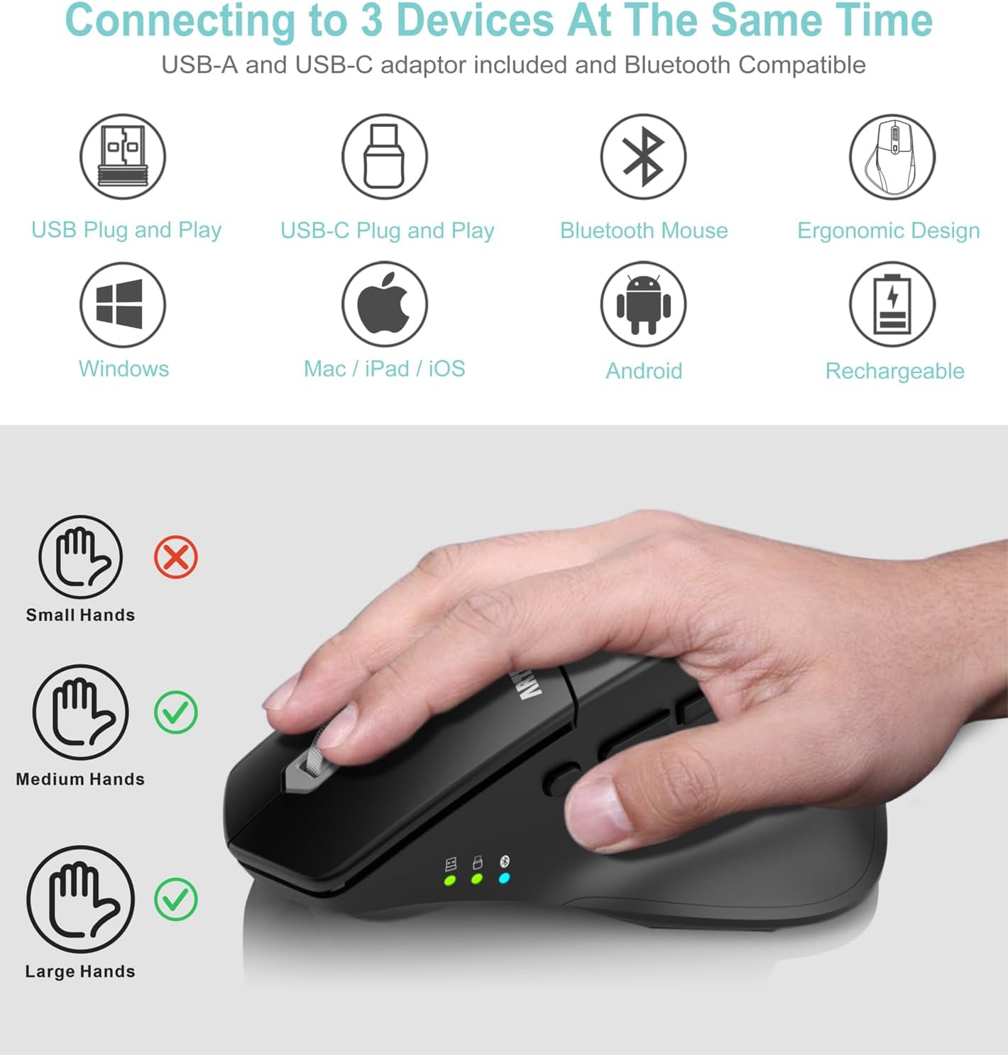 Thumbnail 1 de Arteck MD172 Multi-Device Wireless Bluetooth Mouse (Nano USB-A & USB-C receivers) – silent, rechargeable ergonomic right-hand mouse