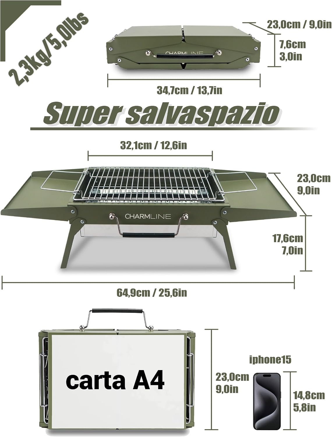 Detalle de Charmline Griglia a Carbone Portatile 34 x 23 cm – Pieghevole e Compatta, per 1–3 Persone, Verde