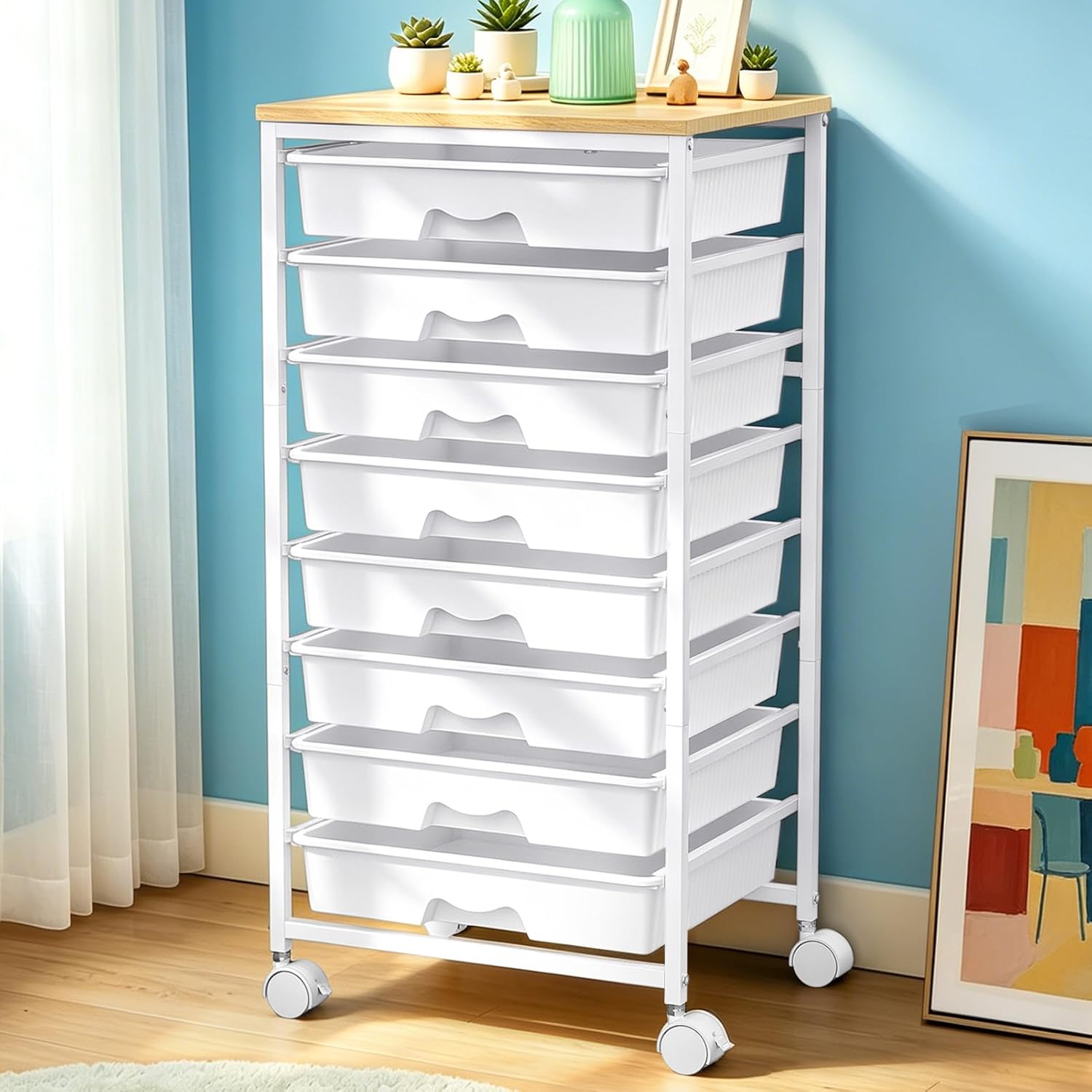 Detalle de SUNALLY SN-SDC08W 8-Drawer Rolling Storage Cart with Wooden Top, White