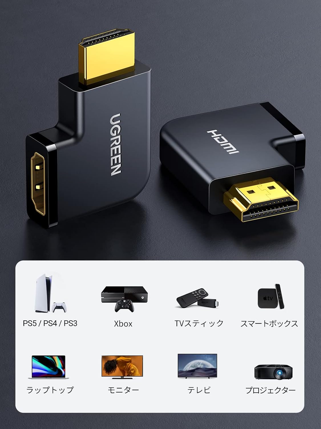 Detalle de UGREEN HDMI L型変換アダプター 90度・270度セット、HDMI 2.0・4K/60Hz・金メッキ端子