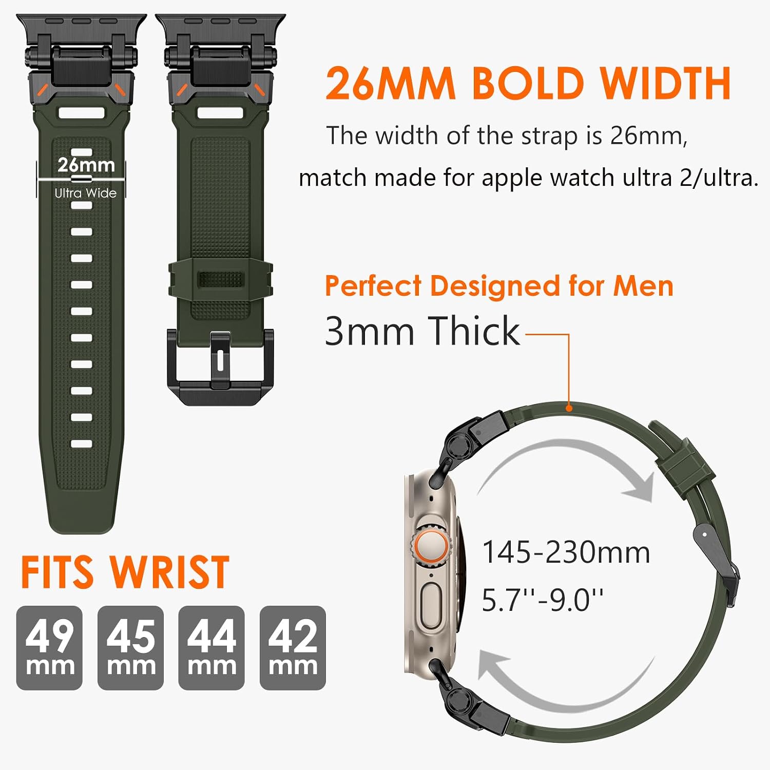 Detalle de Fullife liquid silicone sports strap with stainless steel connector (green/black) for Apple Watch 42–49mm