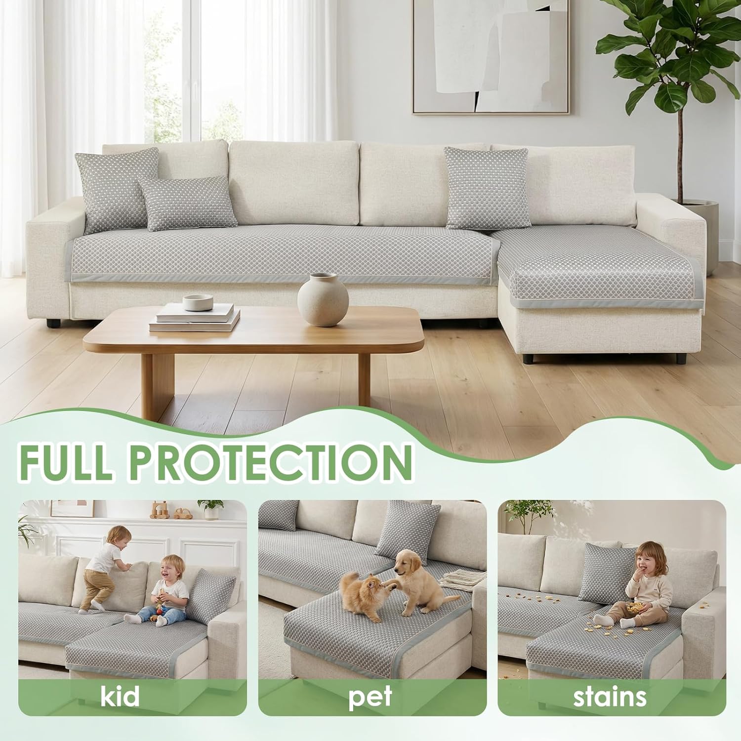 Detalle de TOPCHANCES Copridivano 2 Pezzi Seta Ghiacciata – Grigio, 90x160+90x180 cm