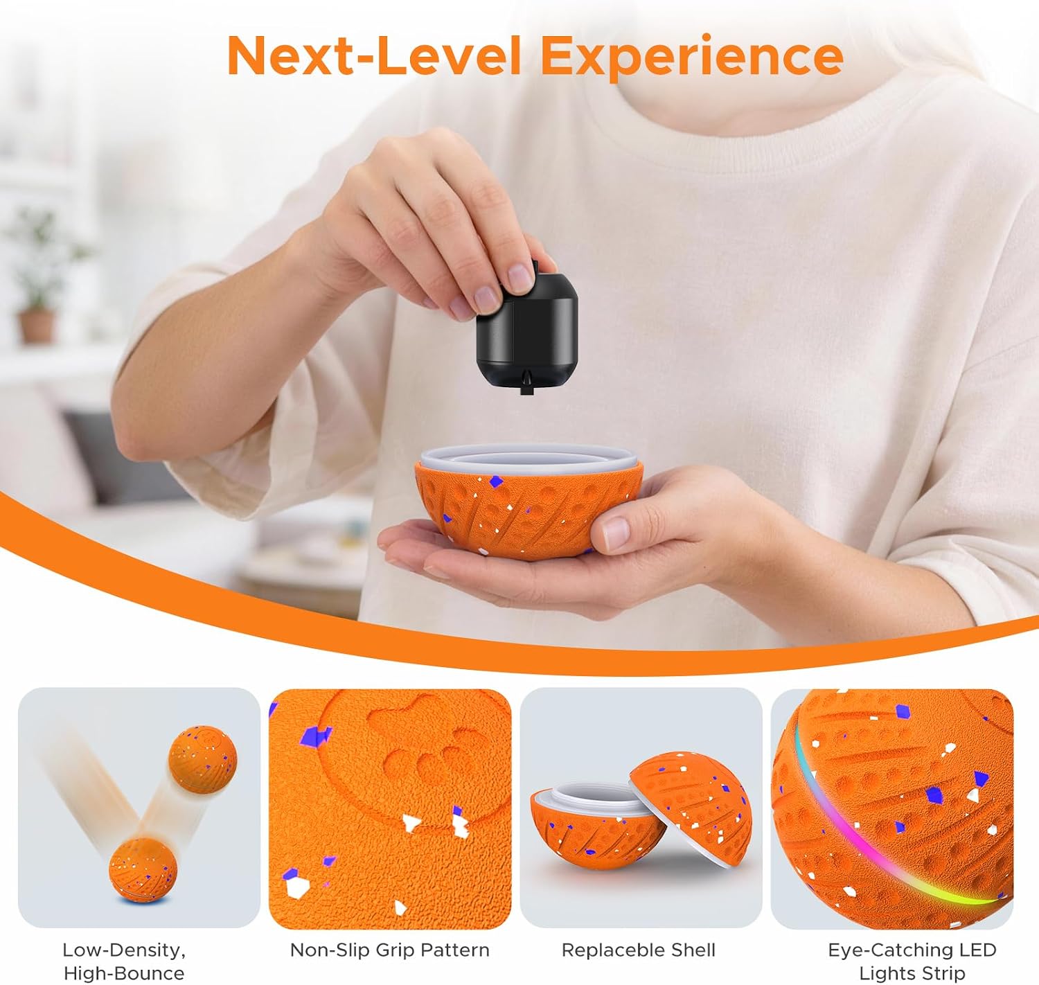 Detalle de BFFWOW Interactive Dog Ball for Small to Medium Dogs featuring 3 Modes, RGB Lights and Replaceable Shell (Orange) — 2.8 Inch