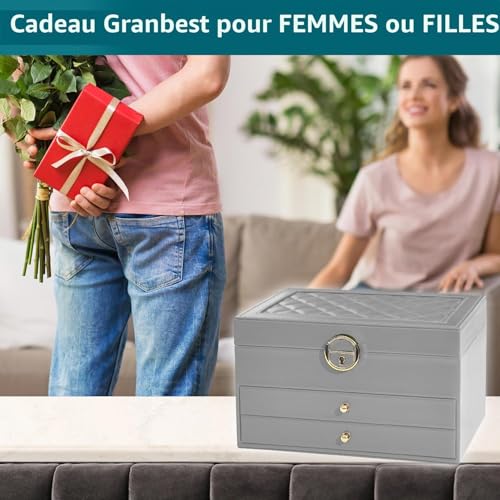 Thumbnail 6 de Granbest Boîte à bijoux à 3 niveaux avec 2 tiroirs – Coffret cuir Gris
