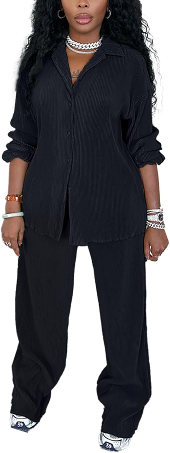 Thumbnail 1 de Kaimimei Casual 2-Piece Outfit for Women: Linen Long Sleeve Button-Down Shirt + Flare Pleated Wide-Leg Pants