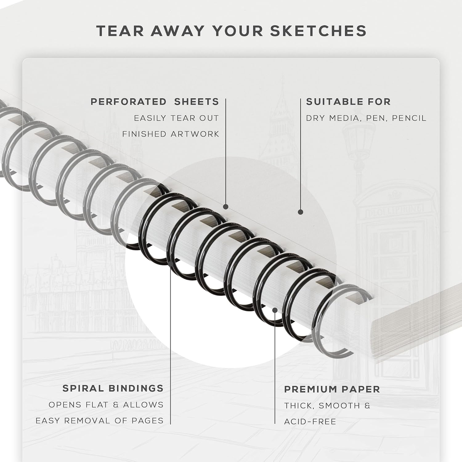 Detalle de Beechmore Books 9x12 Spiral Bound Sketchbook – 100 Perforated Sheets, 140 GSM