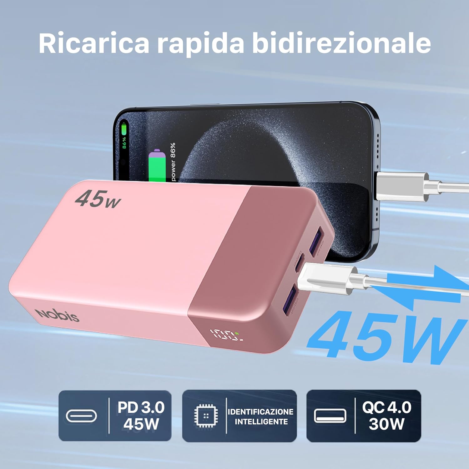 Detalle de NOBIS Power Bank 20000mAh 45W: ricarica bidirezionale USB-C 4 porte, display LED – Rosa