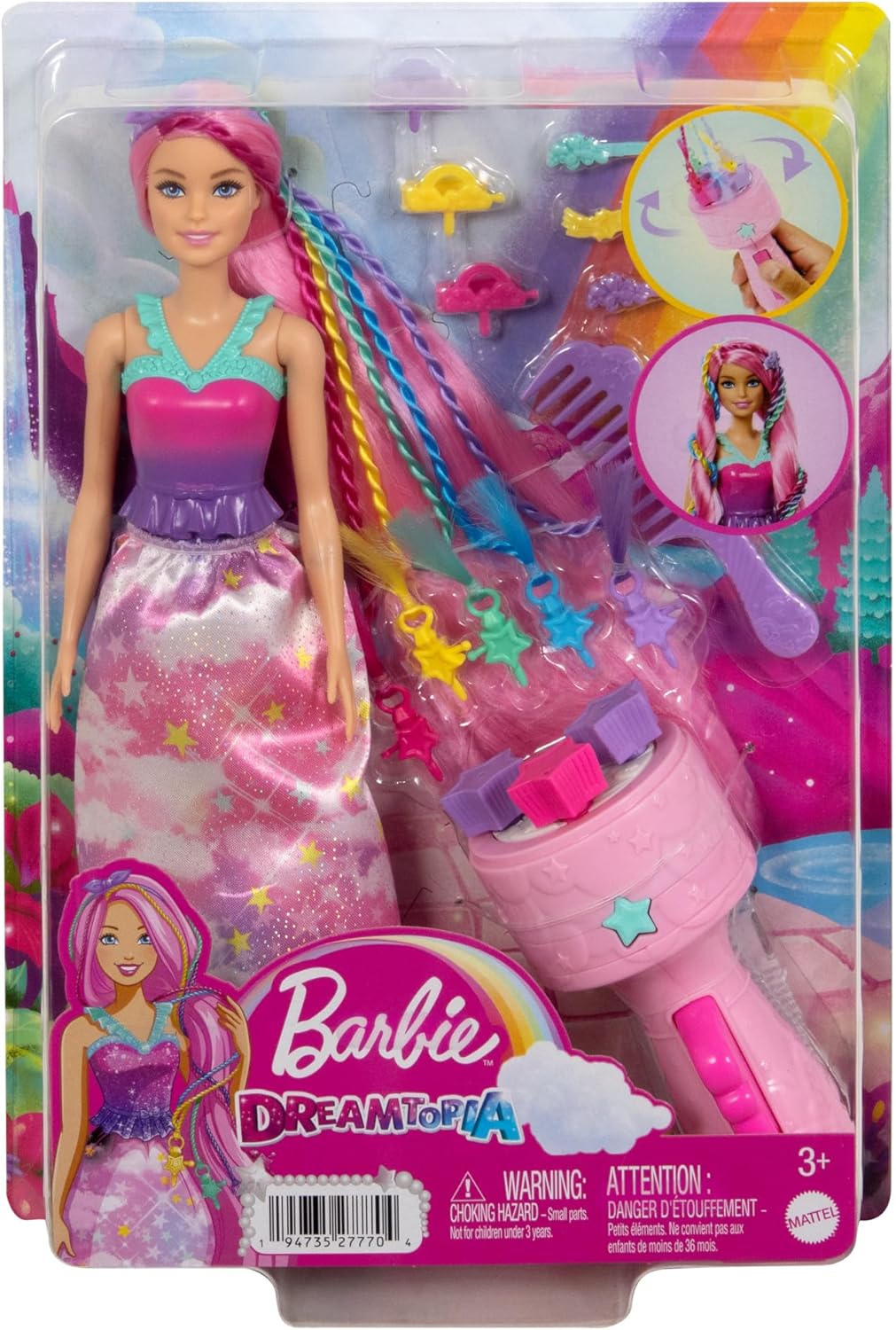 Detalle de Barbie Dreamtopia Chioma da Favola: bambola con extension arcobaleno e accessori per lo styling (JCW55)