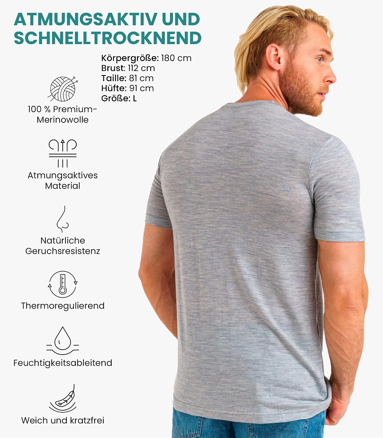 Detalle 2 de Premium Merino Shirt Herren 165 g/m²