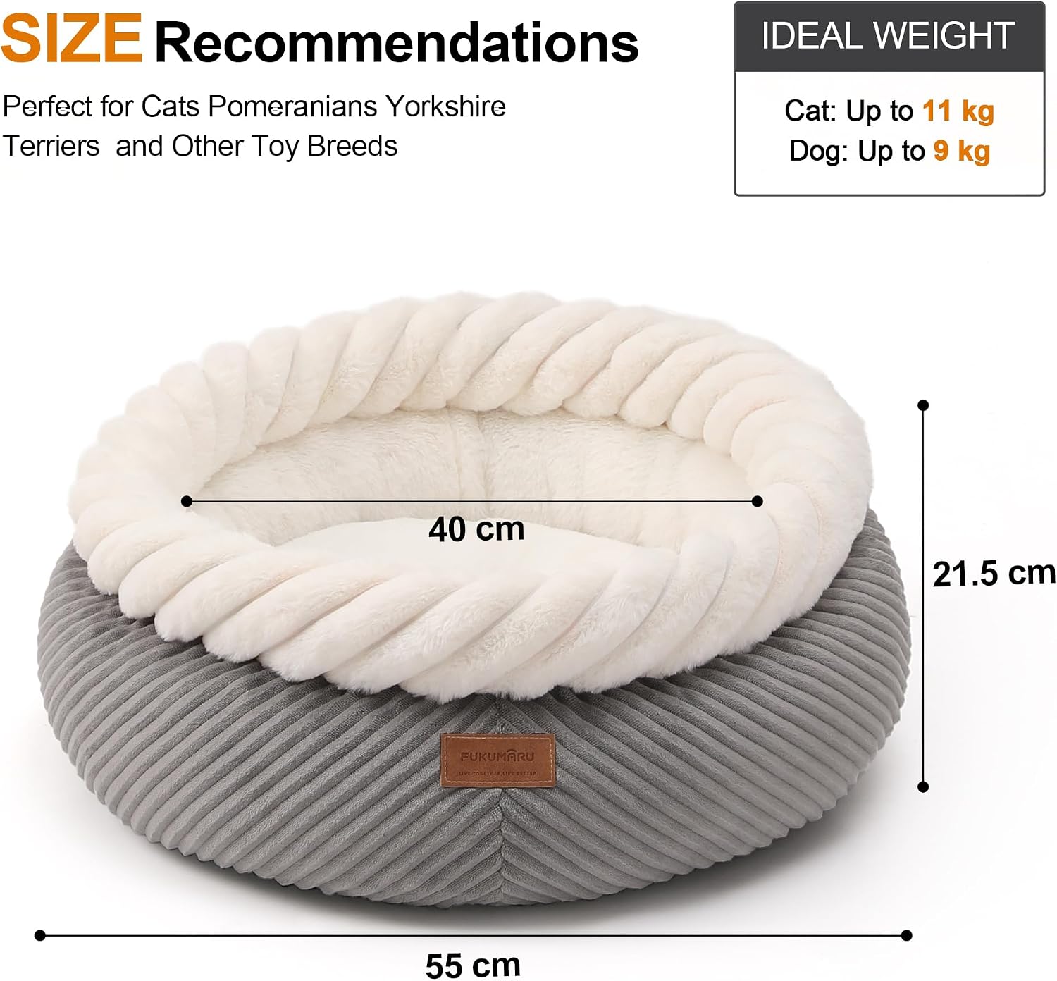 Detalle de FUKUMARU Washable Round Cat Bed with Anti-Slip Bottom, 53 cm – Grey