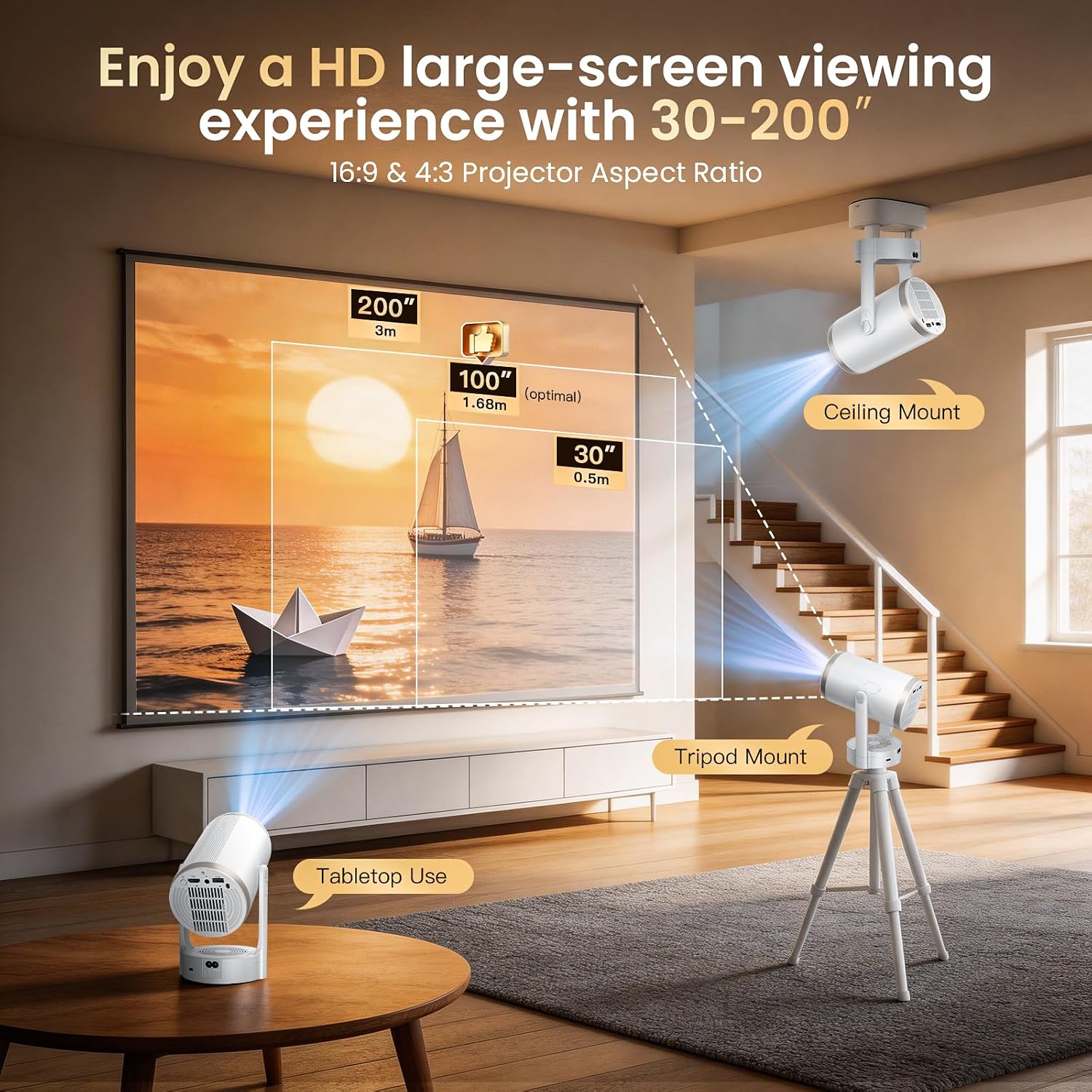 Thumbnail 1 de Mini Projector HD 1080P with 4K Support, Auto Focus, 180° Rotatable, 22000 Lumen (260 ANSI), WiFi 6 & Bluetooth 5.4 — Android 12.0, 30–200" Theatres for Match Gaming, Bedroom and Outdoor