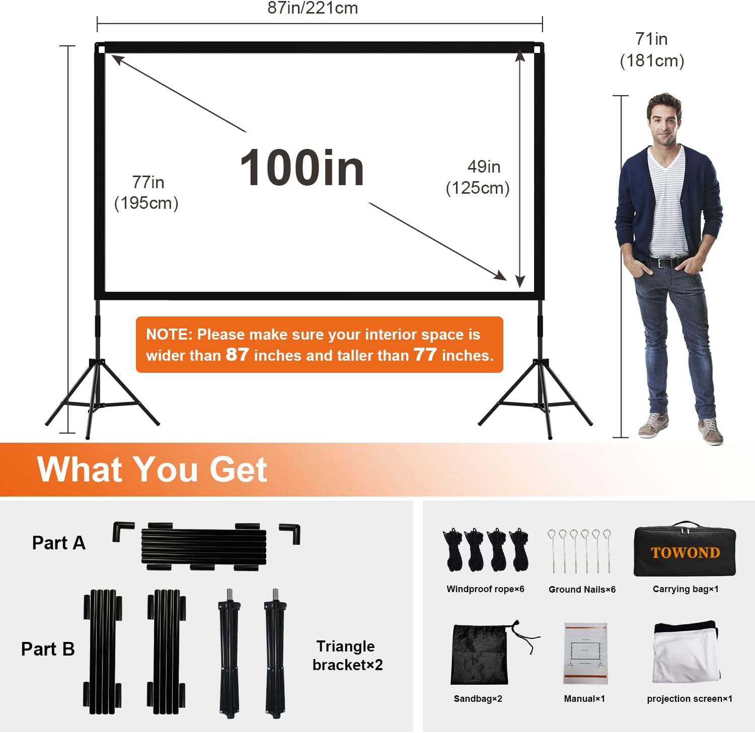 Thumbnail 1 de Towond 100-Inch Projector Screen with Stand — Portable, Foldable 16:9 for Indoor/Outdoor Use