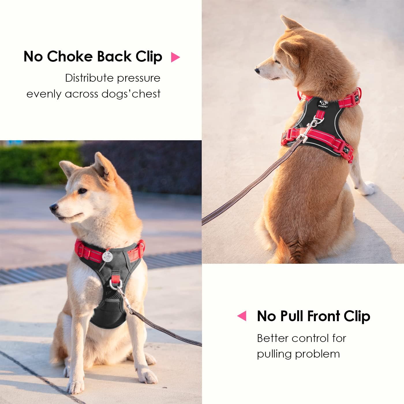 Thumbnail 2 de PHOEPET No-Pull Escape Proof Adjustable Dog Harness with Reflective Straps and Control Handle (Black Base & Red Straps, S)