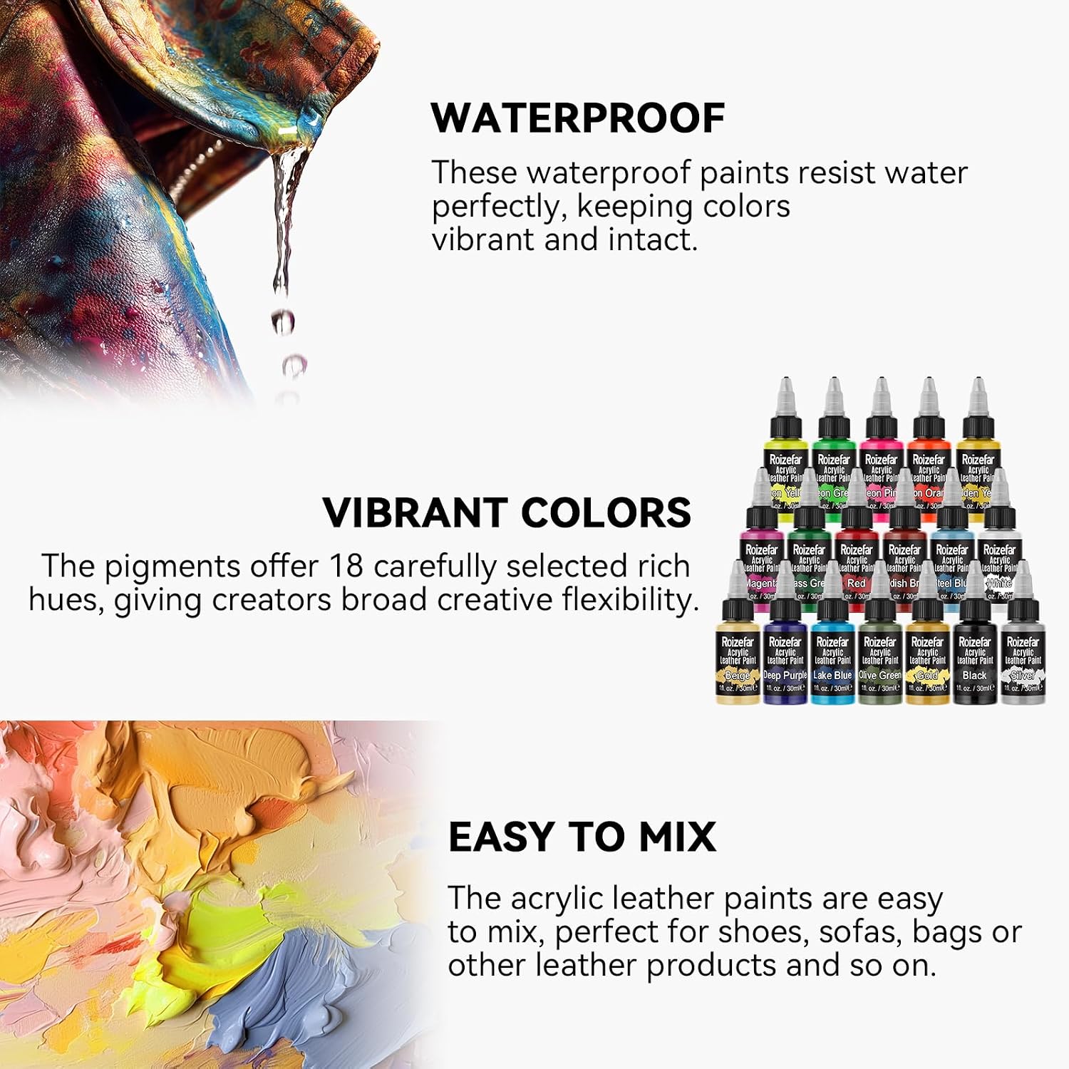 Detalle de Roizefar Kit Ultime – Peinture Acrylique pour Cuir, 18 Couleurs + Primaire et Vernis (20×30 ml) – Chaque Teinte Adhérente et Flexible