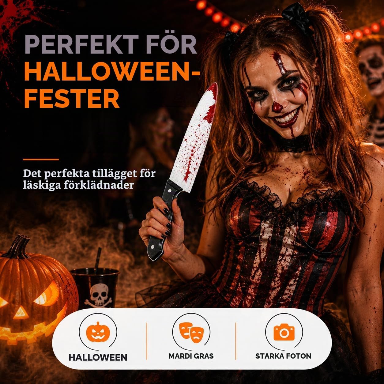 Thumbnail 1 de Costumed 6695K knivrekvisita i plast, ca 34 cm, med rött blodmönster