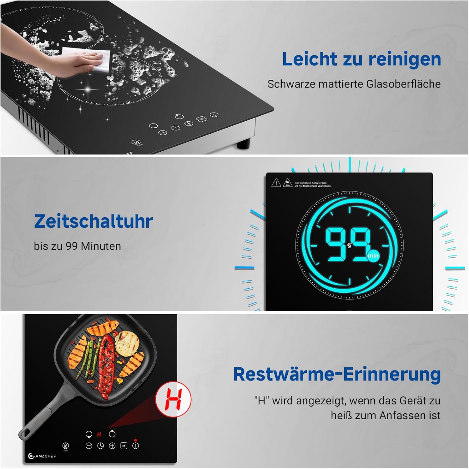 Detalle de AMZCHEF Glaskeramikkochfeld mit 2 Platten (3200 W) – Touch-Steuerung, 9 Leistungsstufen, 2-in-1 Einbau & freistehend