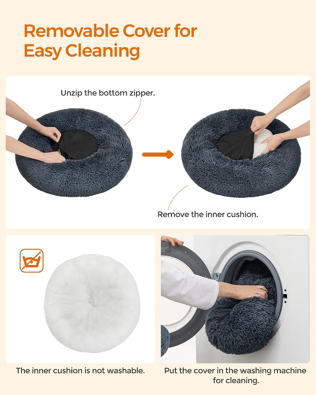 Detalle de FEANDREA 80 cm Plush Donut Dog Bed, Washable Cover, Non-Slip Base