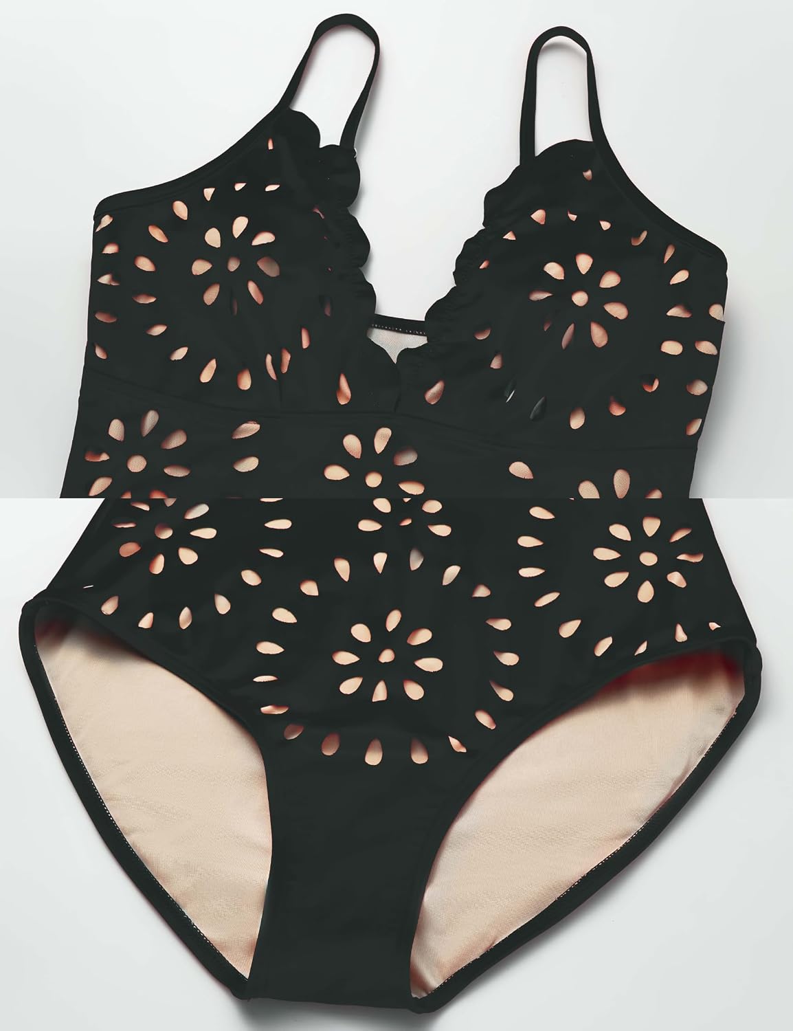 Detalle de FLAXMAKER One-Piece Swimsuit for Women with Floral Petal Design, Deep V-Neck and Skirt