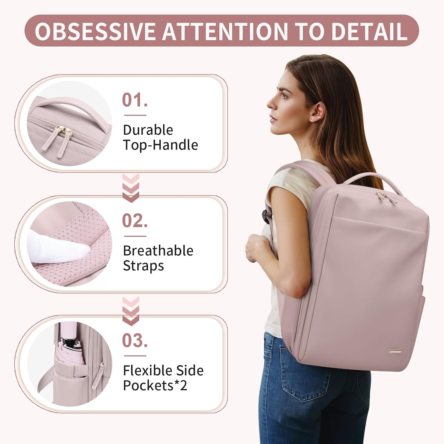 Thumbnail 5 de GOLF QUALITY Reiserucksack Damen – Travel Backpack mit 17,3 Zoll Laptop, Grau-Rosa, Handgepäck-kompatibel