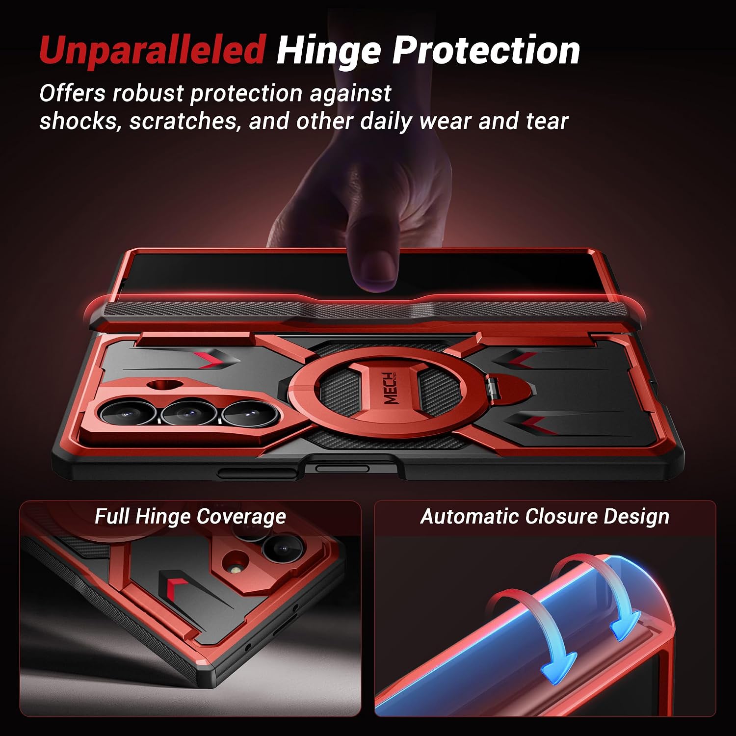 Thumbnail 6 de Tongate Z Fold 7 Magnetic Case Red、360°回転スタンド・覗き見防止ガラス付きケース