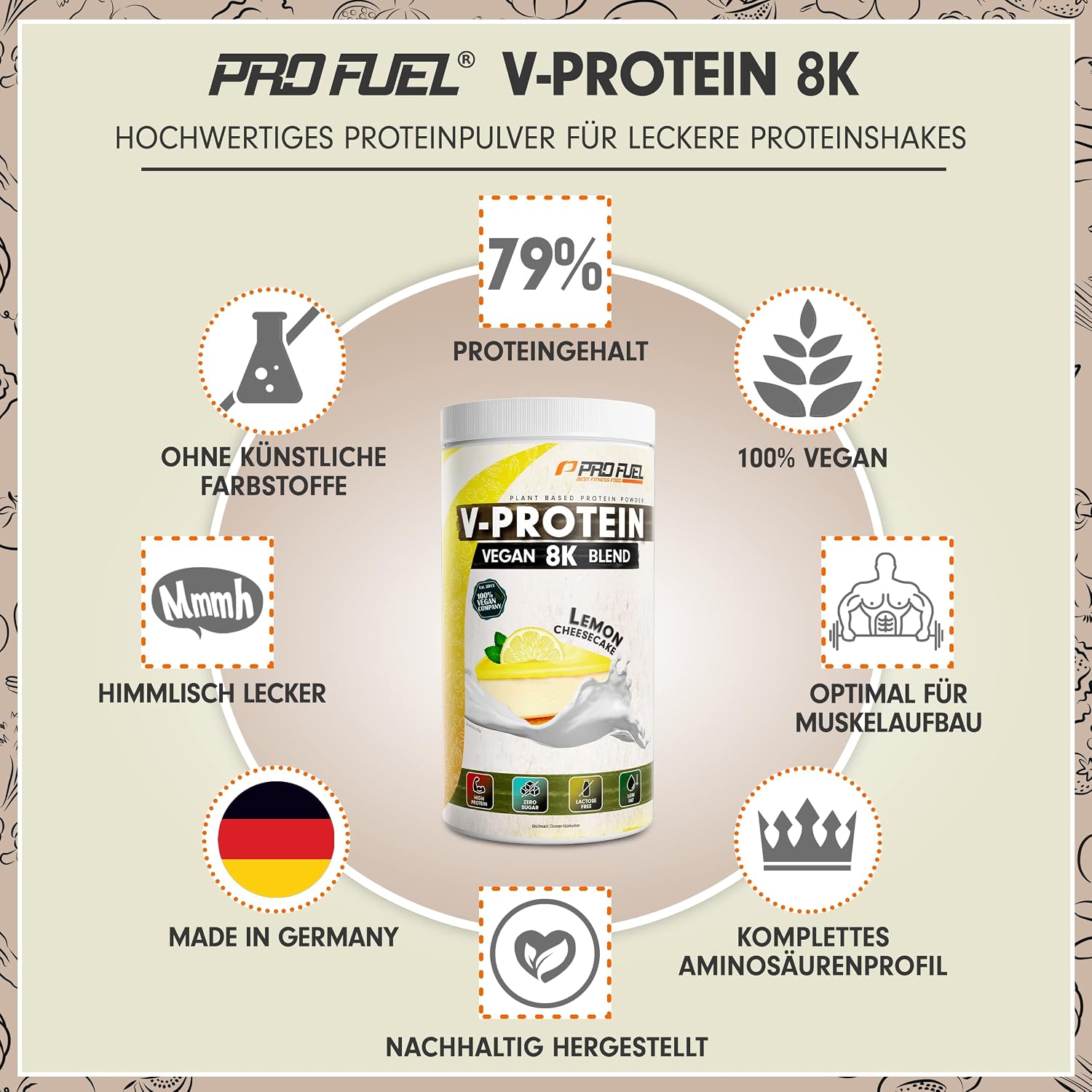 Detalle 2 de Vegan Protein „ZITRONE KÄSEKUCHEN“ – V-Protein 8K Blend mit 79% Eiweiß