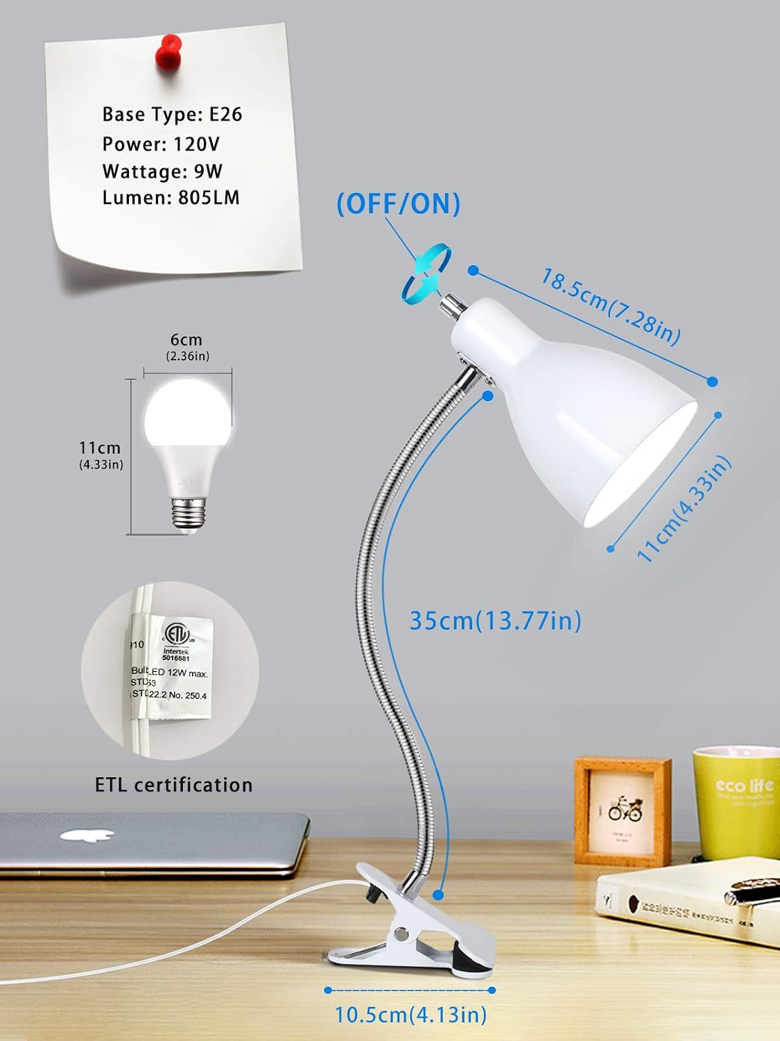 Thumbnail 6 de LALISU LALISULALITB004 Clip-On Desk Lamp, 360° Gooseneck, 9W LED