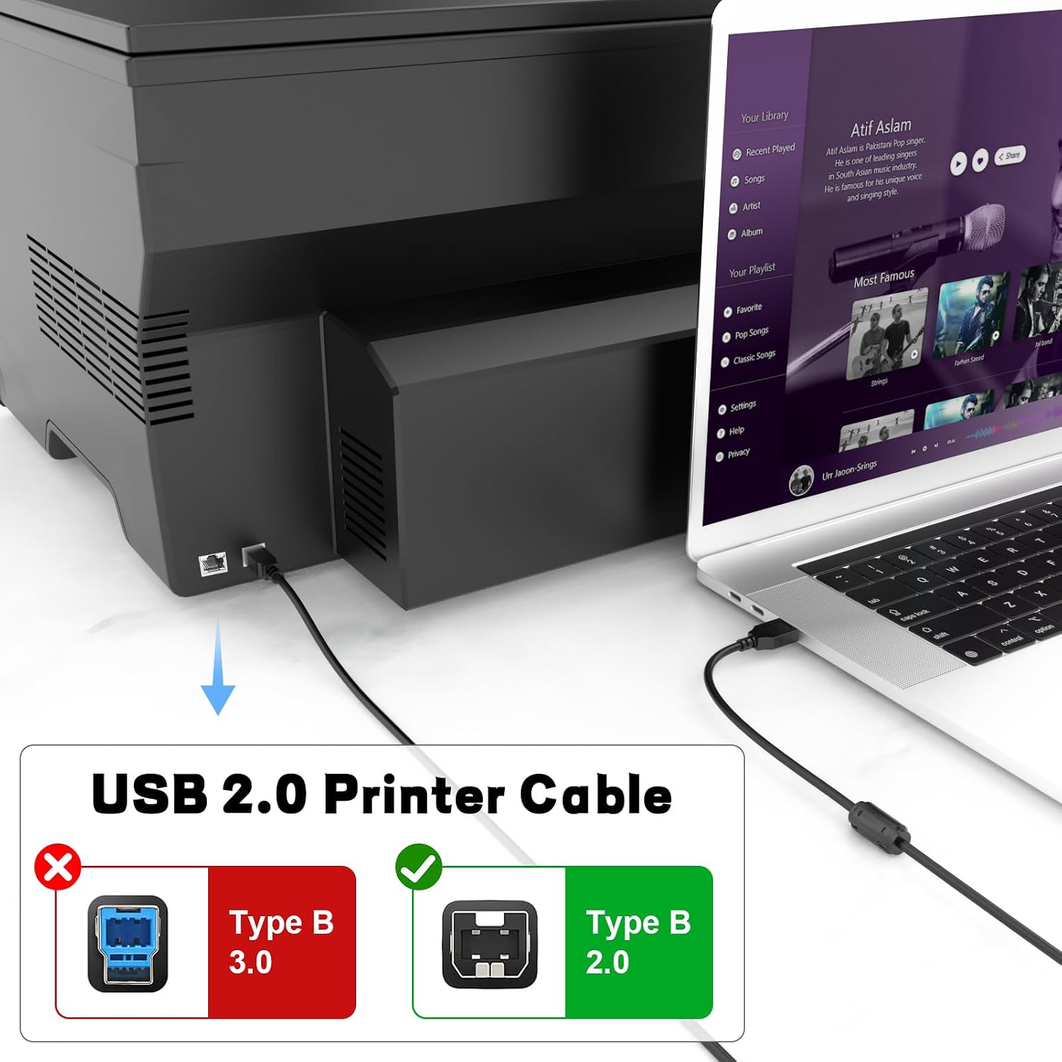 Detalle de Xivip ET-2800 Printer Cable USB 2.0 – 5 ft (1.5 m) for Epson EcoTank and More