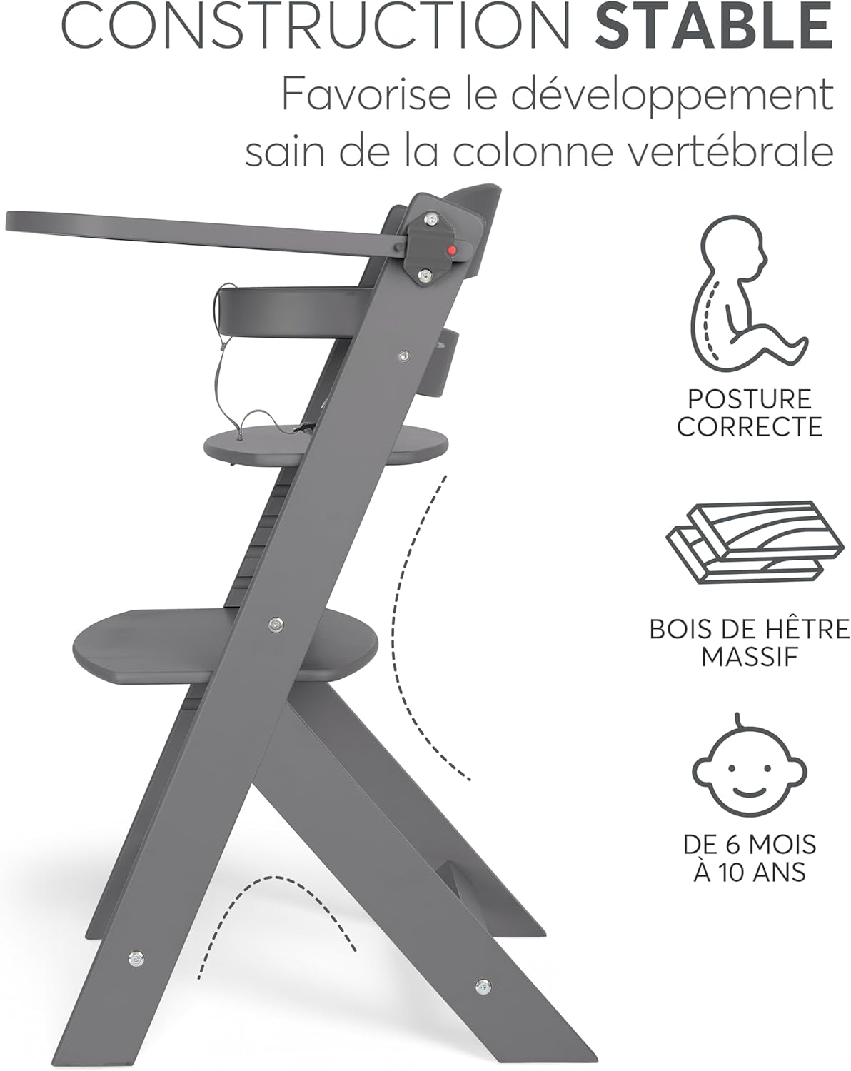 Detalle de KikkaBoo Chaise Haute Bébé Évolutive Nordy en Bois de Hêtre – jusqu’à 35 kg, plateau amovible, gris foncé
