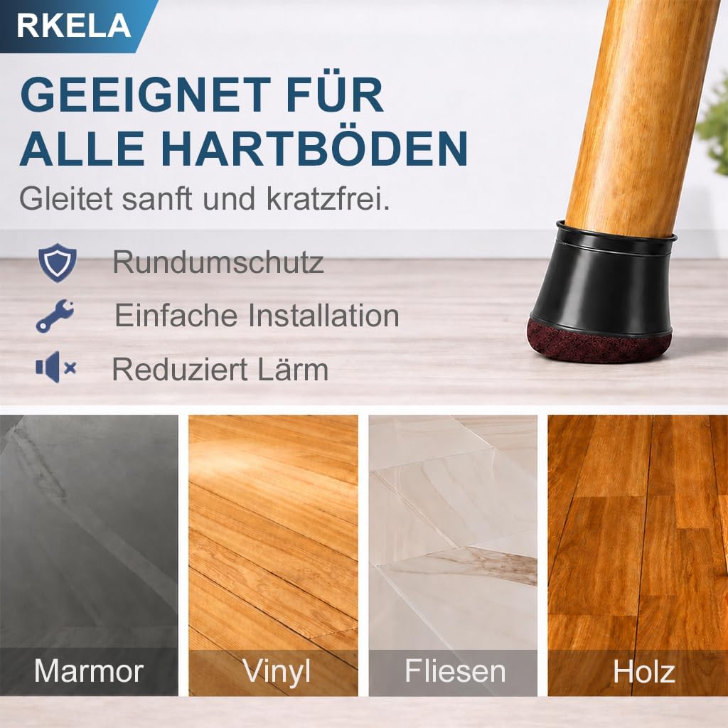 Detalle de Stuhlbeinkappen Schwarz – Filzgleiter rund, Ø 19,1–30 mm, 16 Stück