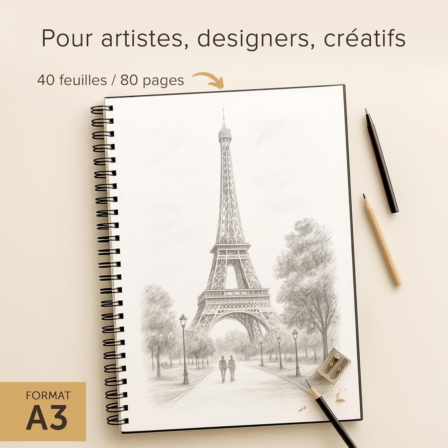 Detalle de Carnet à Dessin Relié A3 – Papier très épais 200 GSM, spirale 29 x 42 cm, 40 feuilles / 80 pages
