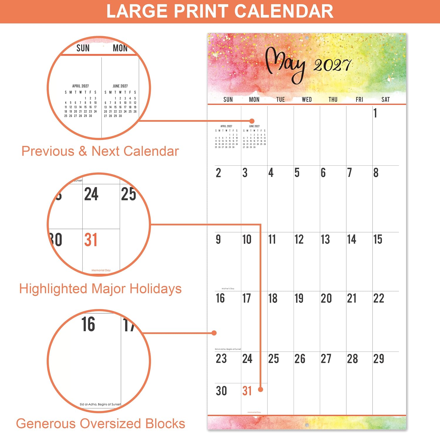 Detalle 2 de Journaltastic JOZDSMSKGLB13 2027 Wall Calendar, 12" x 24" Open, Large Grid