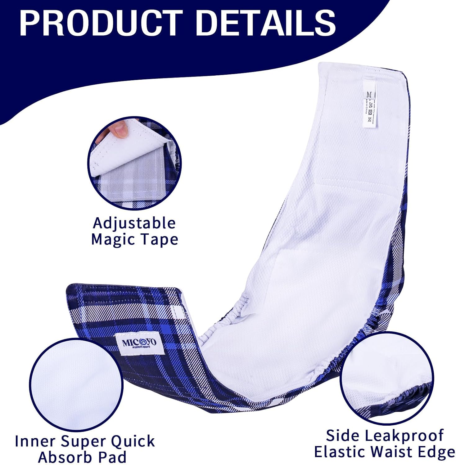 Detalle de MICOOYO Belly Bands for Dogs - Reusable Male Dog Nappies (3 Pack), Plaid, Size L