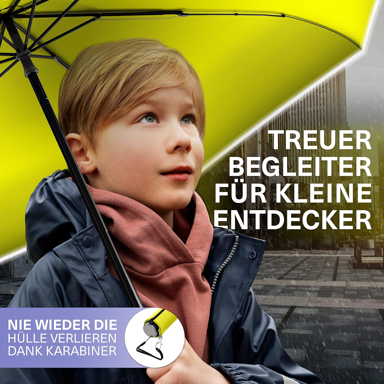 Detalle 2 de STYNGARD Regenschirm für Kinder mit Sicherheitsreflektoren – kompakt, sicher und zuverlässig