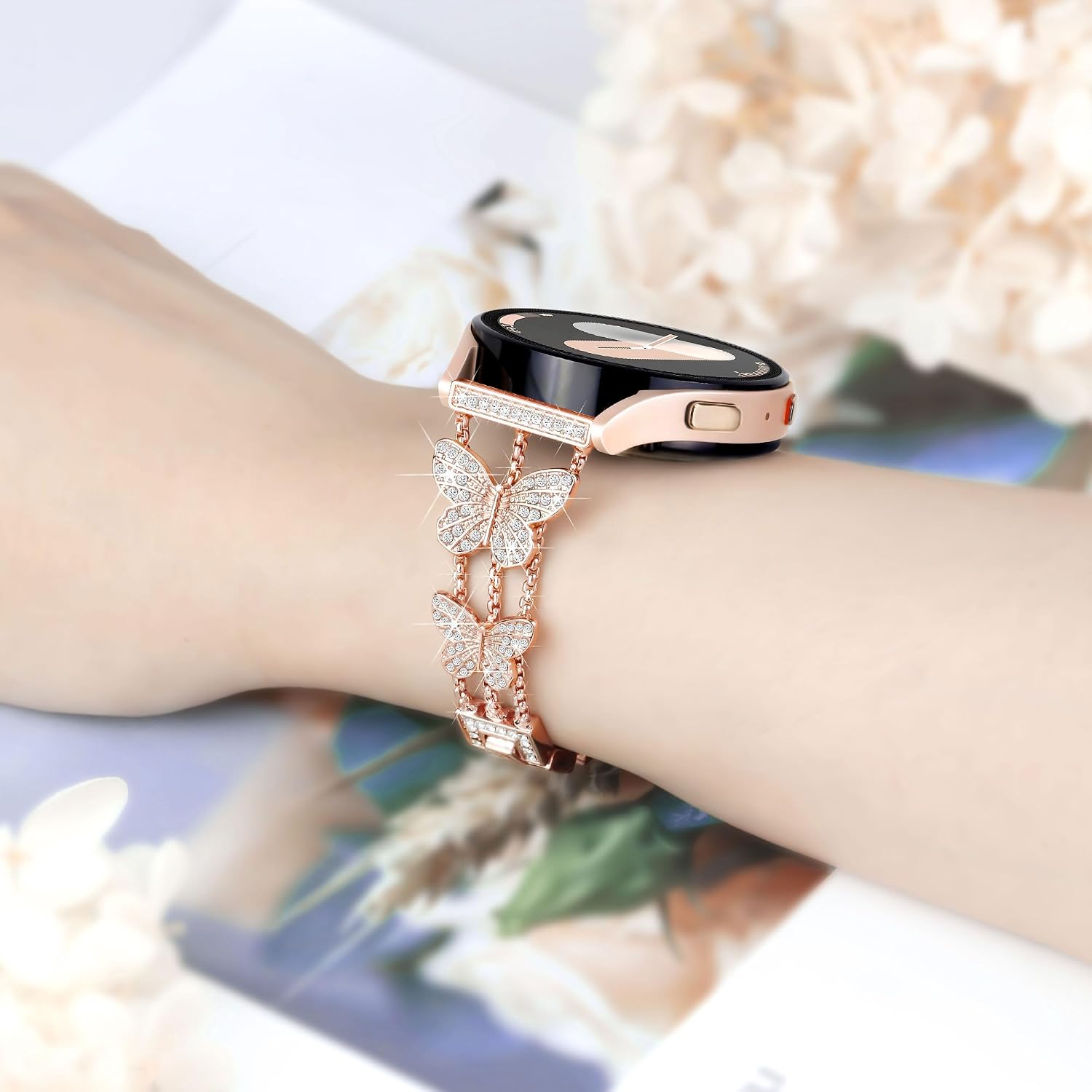 Detalle de Ocaer Bling Metal Watch Strap for Samsung Galaxy Watch Series (20mm) — Women’s 40mm–44mm and 43mm–47mm, with Butterfly Rhinestones
