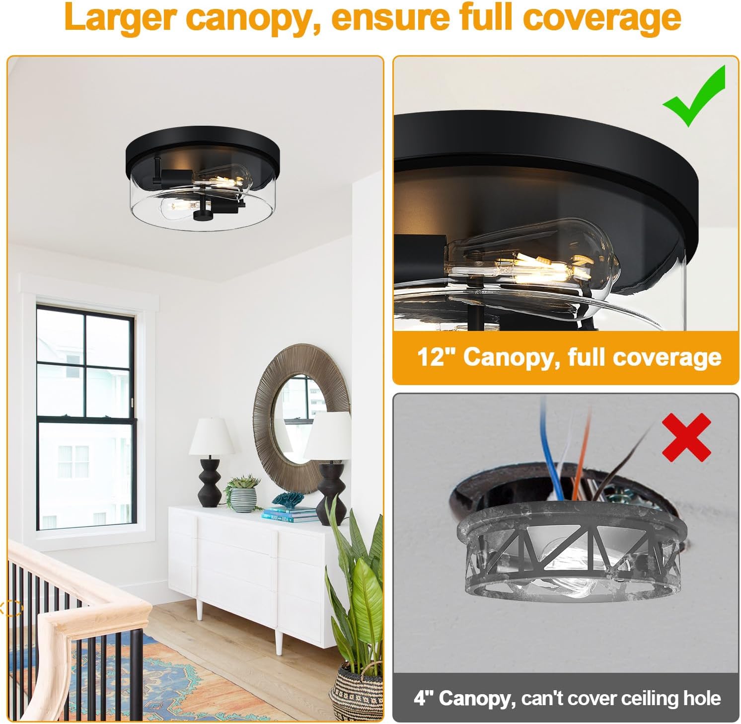 Detalle 2 de szzgco 2-Light Black Flush Mount Ceiling Light with Clear Glass Shade (Farmhouse/Industrial Style)