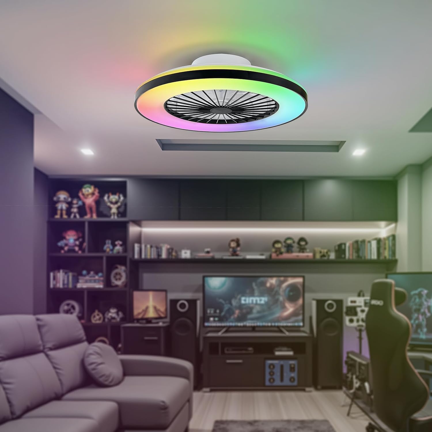 Detalle de BKZO Modern LED Ceiling Light with Fan – RGB Light and 6-Speed Fan (Black, 50cm)
