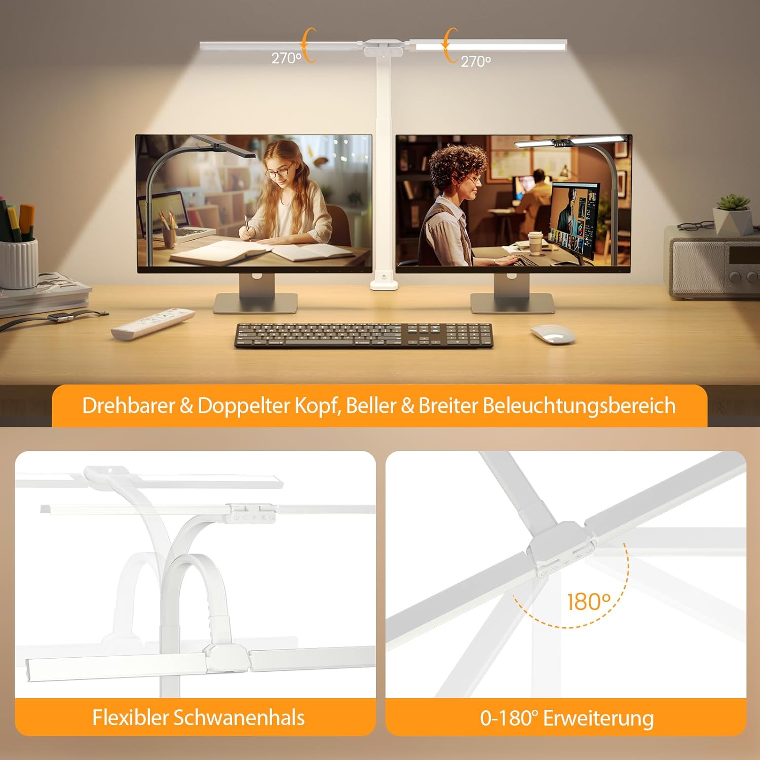 Thumbnail 1 de SIBRILLE RGB Doppelkopf Schreibtischlampe LED dimmbar (22 W, 80 cm) mit Fernbedienung, weiß