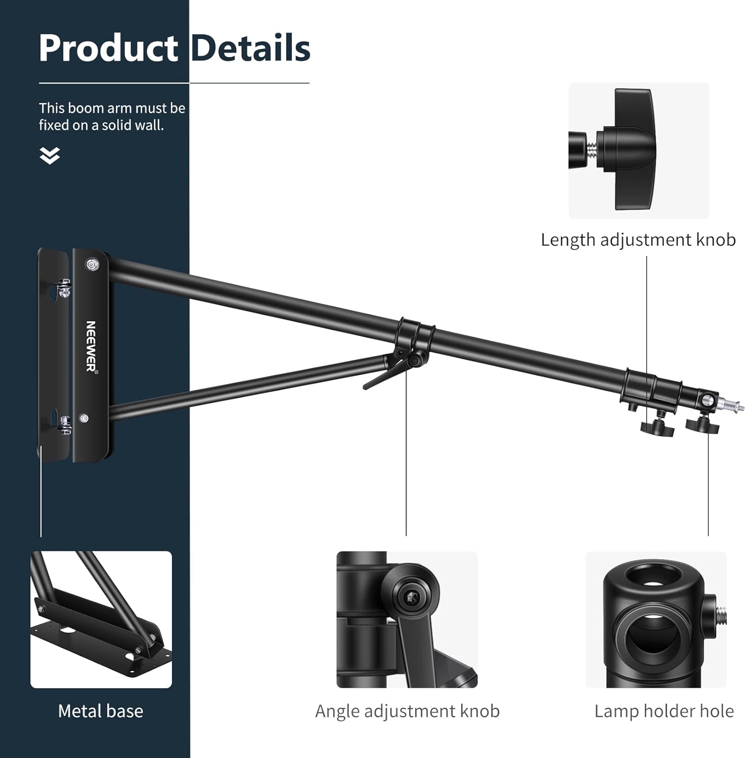 Detalle de NEEWER 2-Pack Triangle Wall Mounting Boom Arm (180° flexible rotation, max 70.8 in / 180 cm) for studio lighting