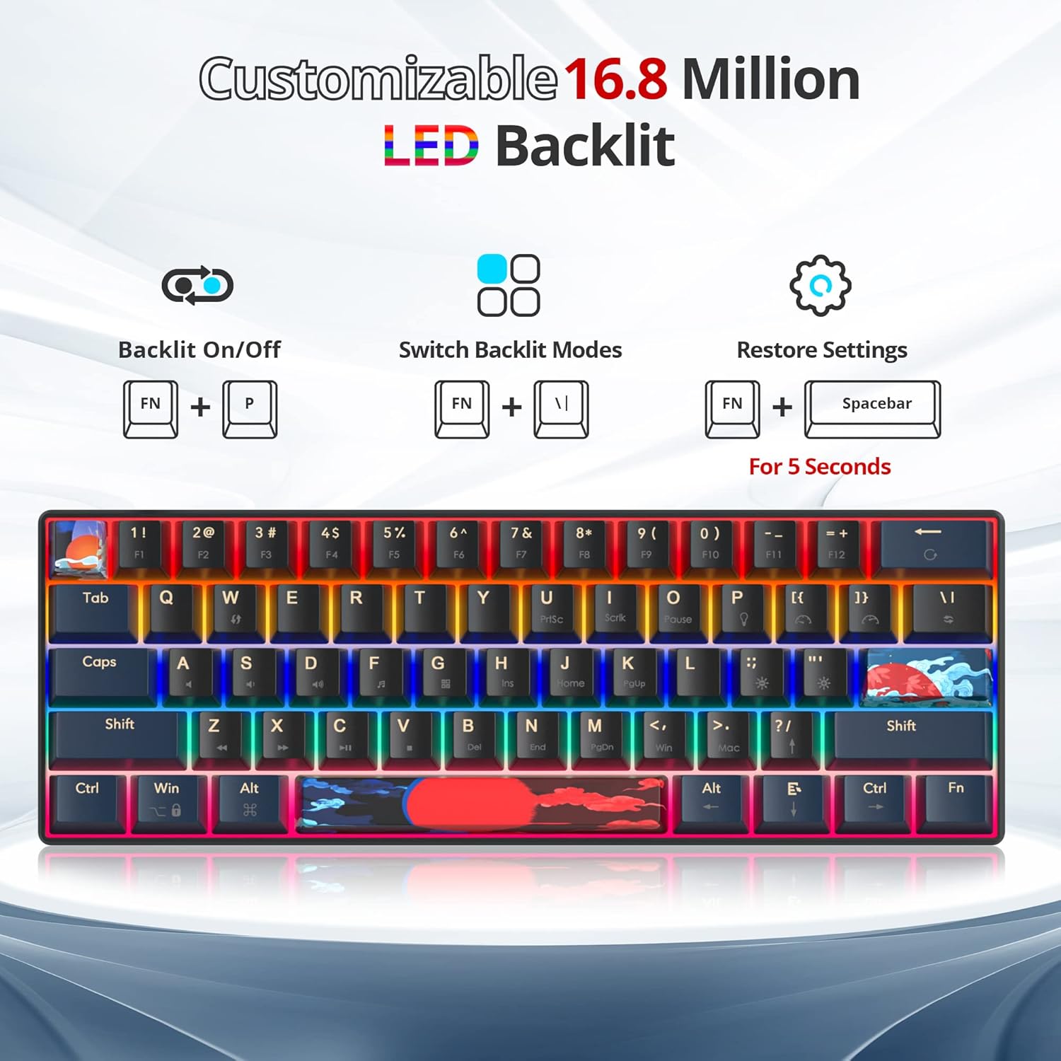 Detalle 2 de SOLIDEE 60% 61‑Tasten Gaming‑Tastatur mit roten Schaltern