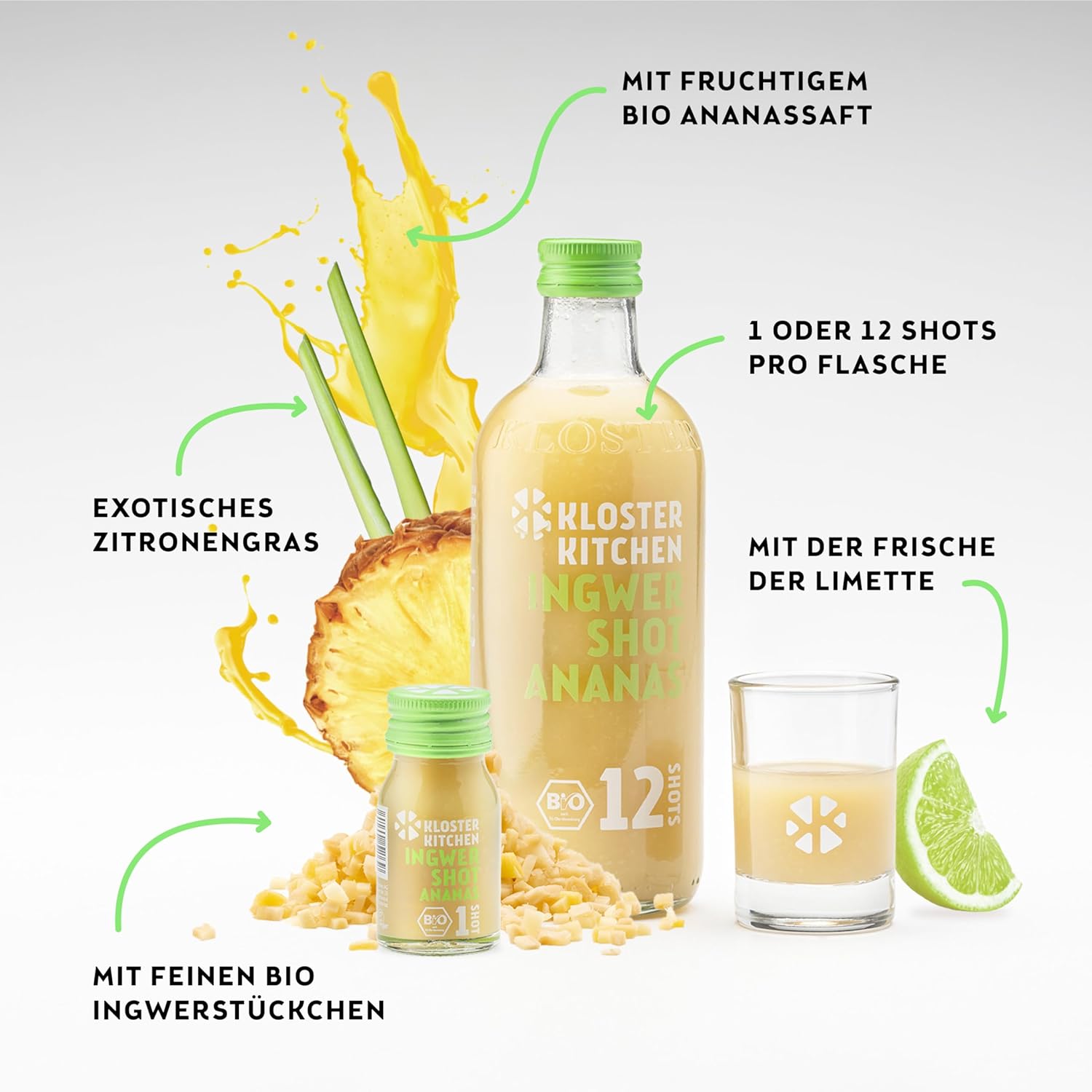 Thumbnail 2 de Kloster Kitchen Bio Ingwer Shot Ananas (12 Shots, 6×360 ml) mit echten Ingwerstückchen – vegan