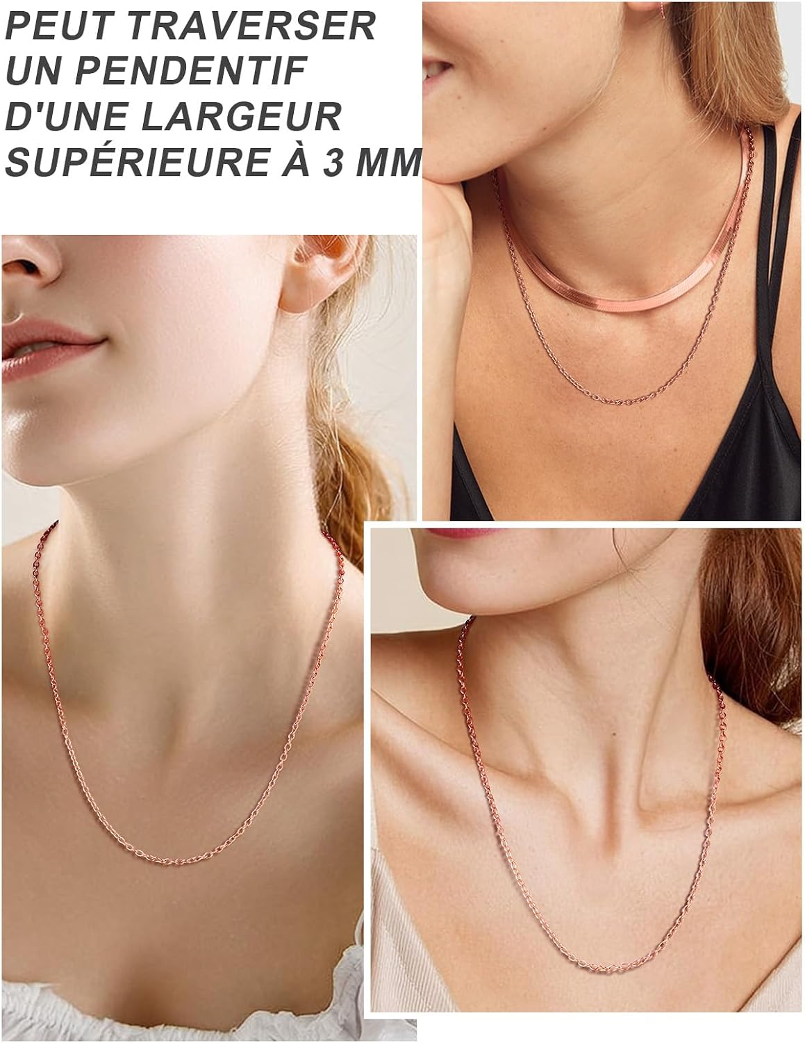 Detalle de ChainsPro Collier Femme Acier Inoxydable 2 mm – Or/Argenté/Or Rose/Noir, Ajustable 46–76 cm